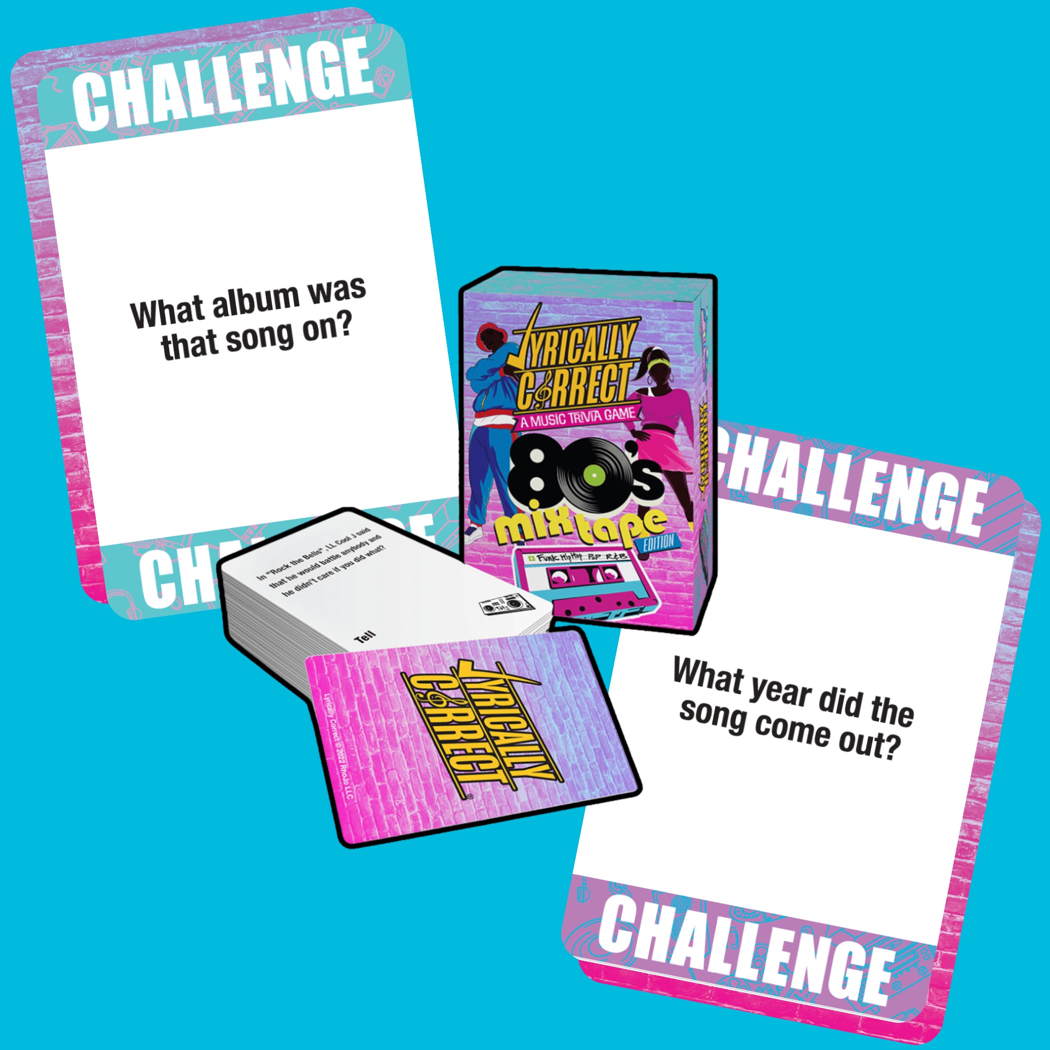 Lyrically Correct 80s Mixtape card game with challenge cards asking music trivia questions