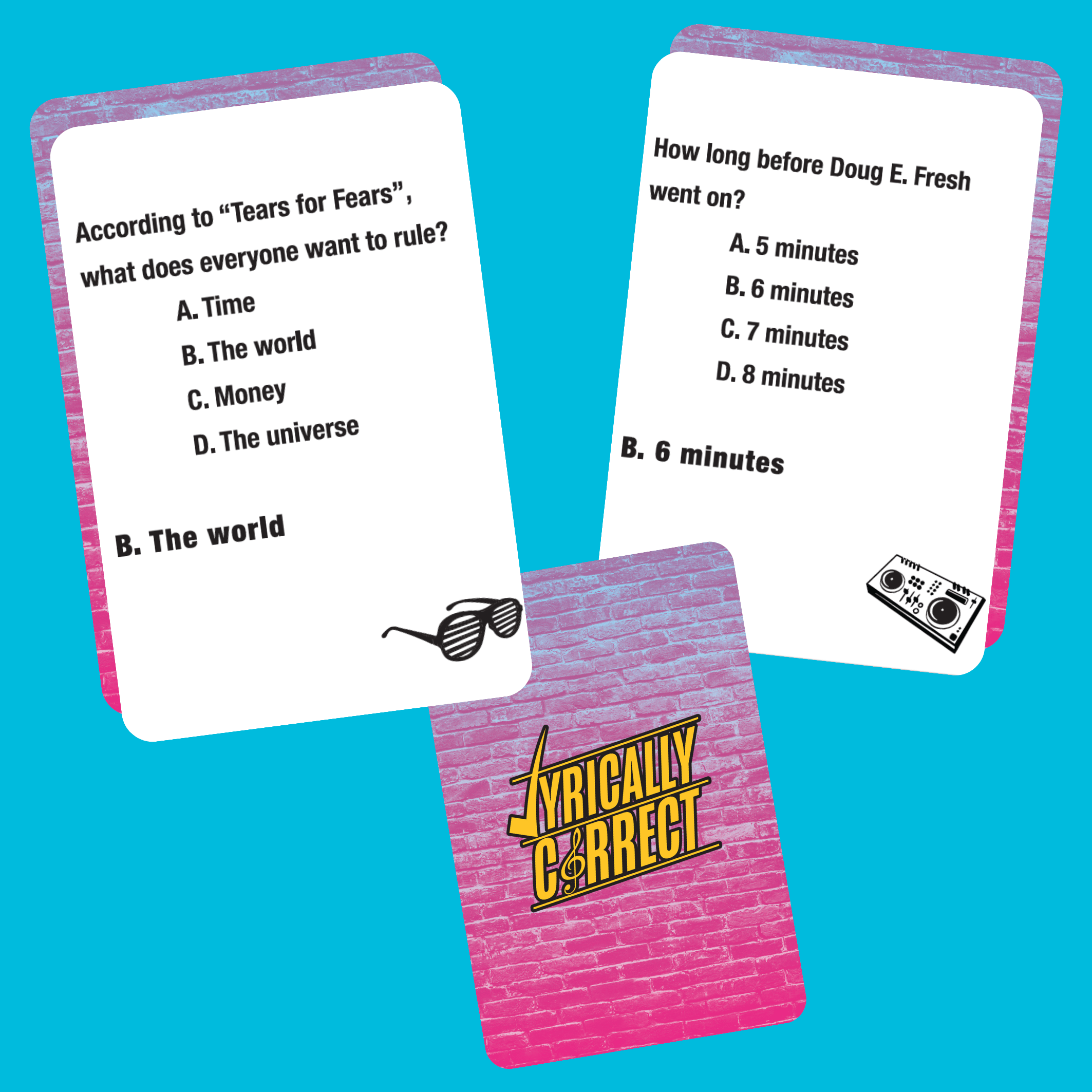 Lyrically Correct card game cards with music trivia questions and branded pink brick design