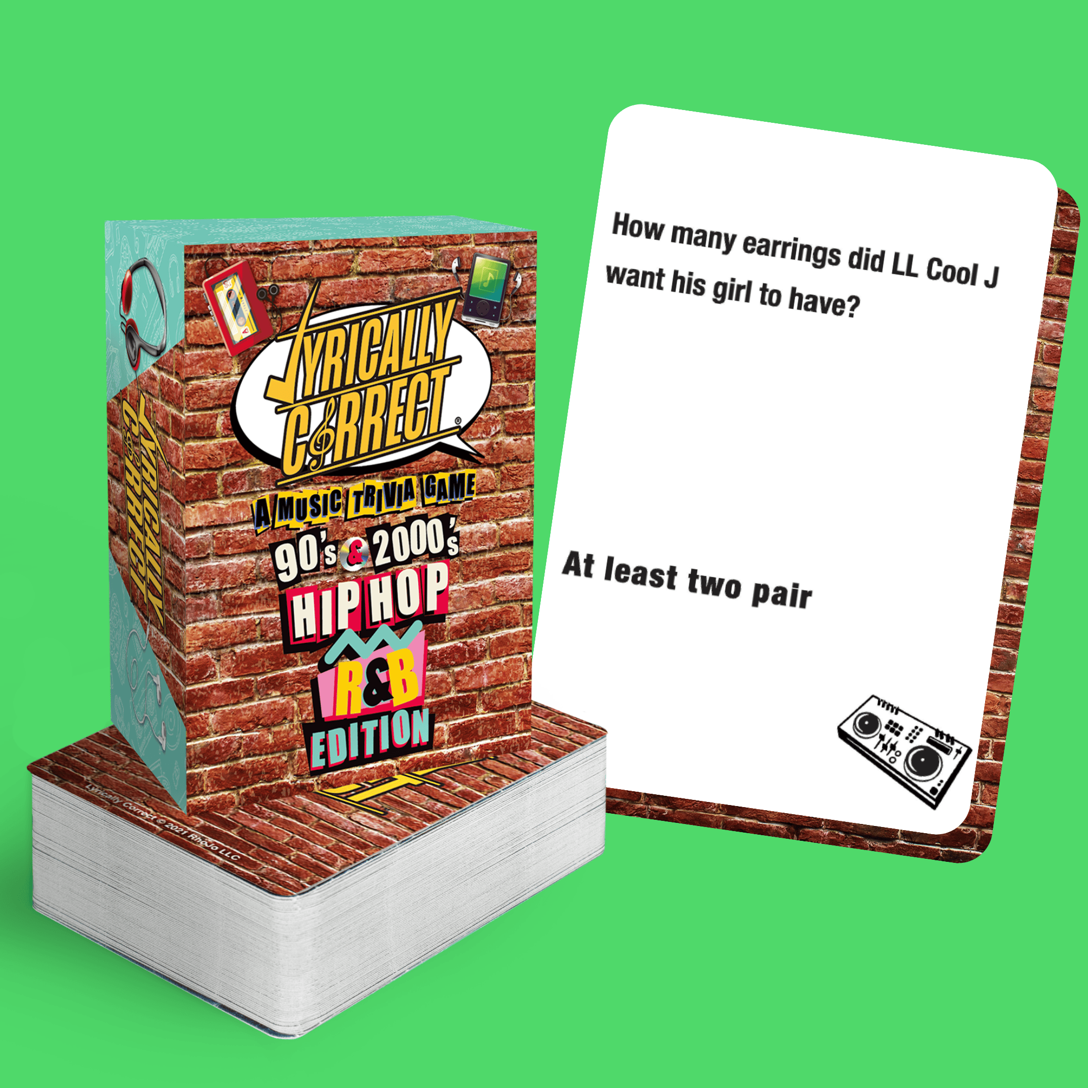 Lyrically Correct LL Cool T-Shirt Around the Way Girl featuring hip hop trivia game cards on a vibrant background