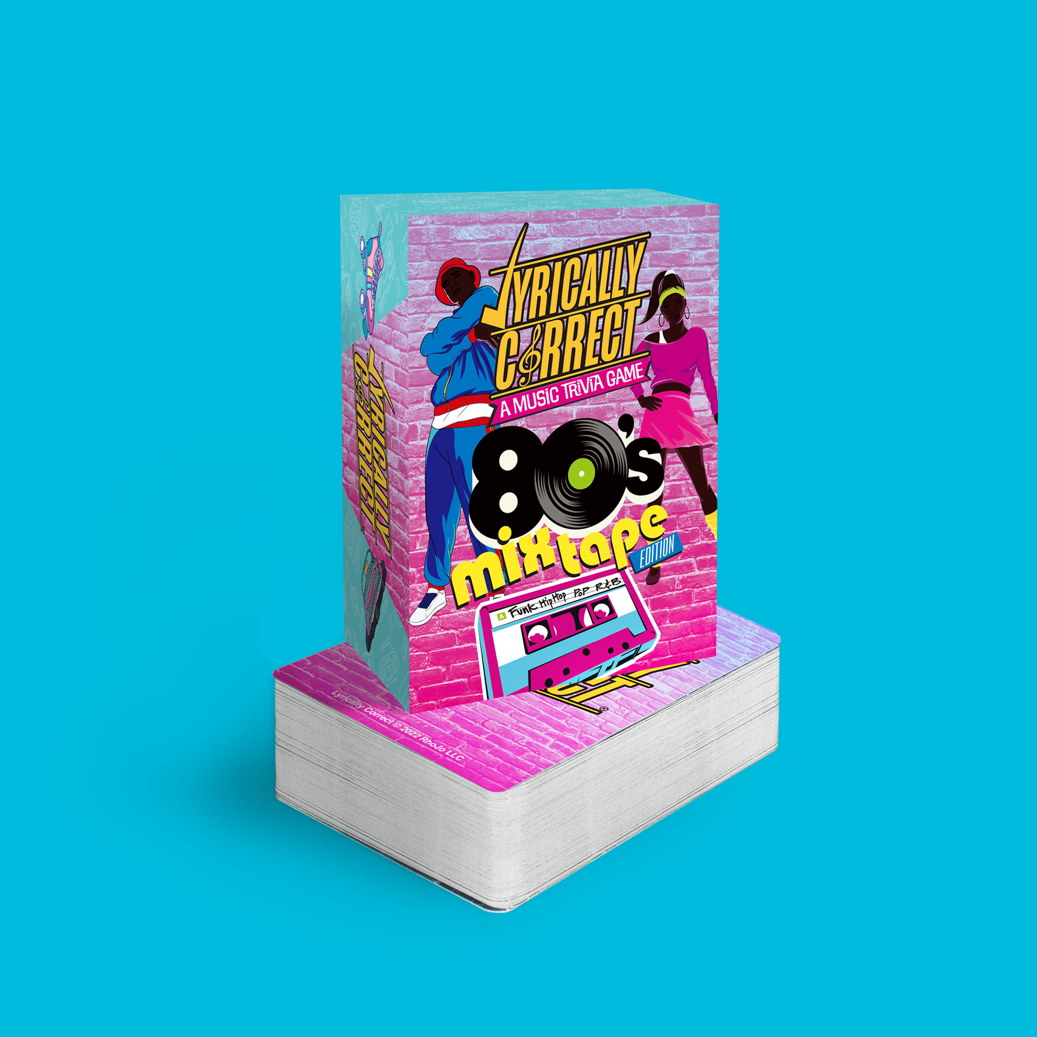 Lyrically Correct 80s music trivia card game featuring vibrant retro design for fun music game night