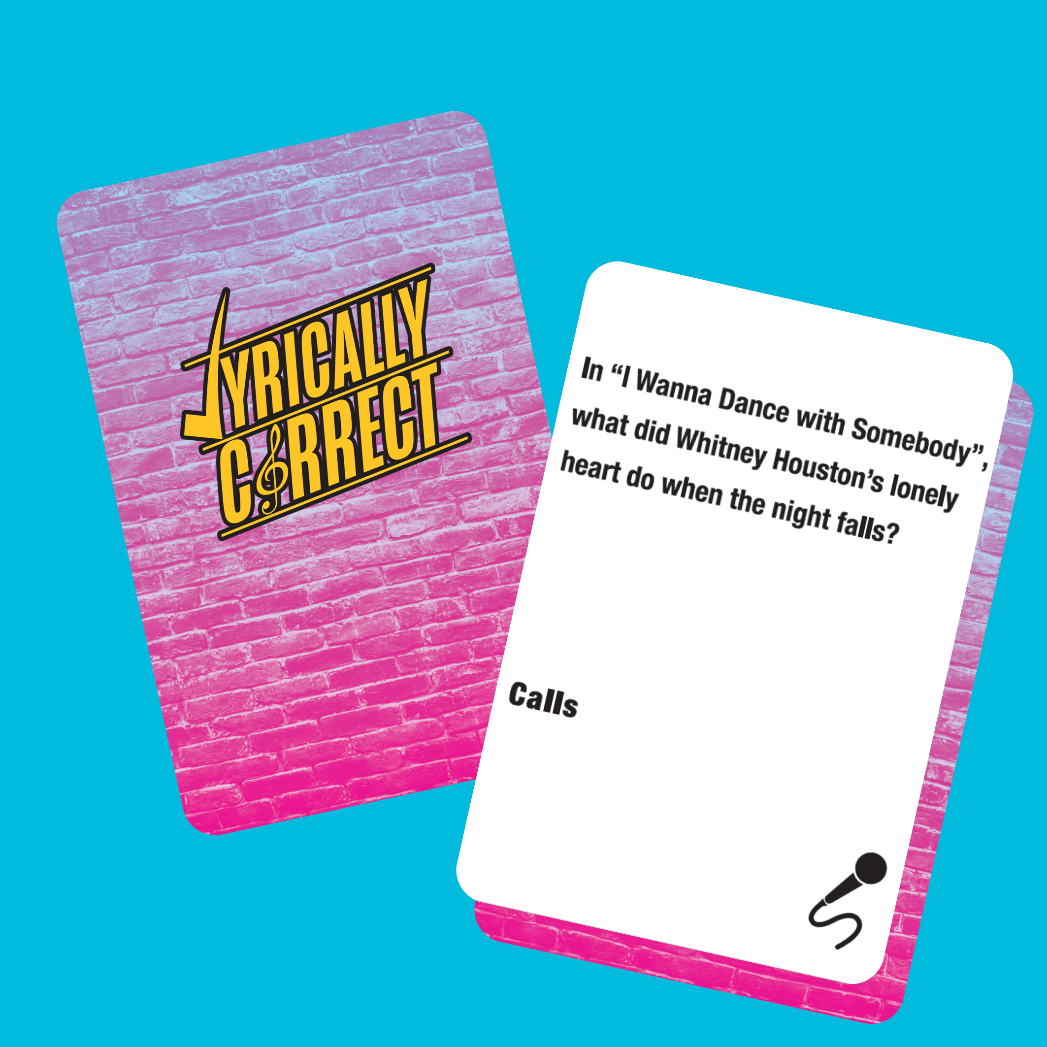Lyrically Correct 80s music trivia card game featuring a question about Whitney Houston's iconic song