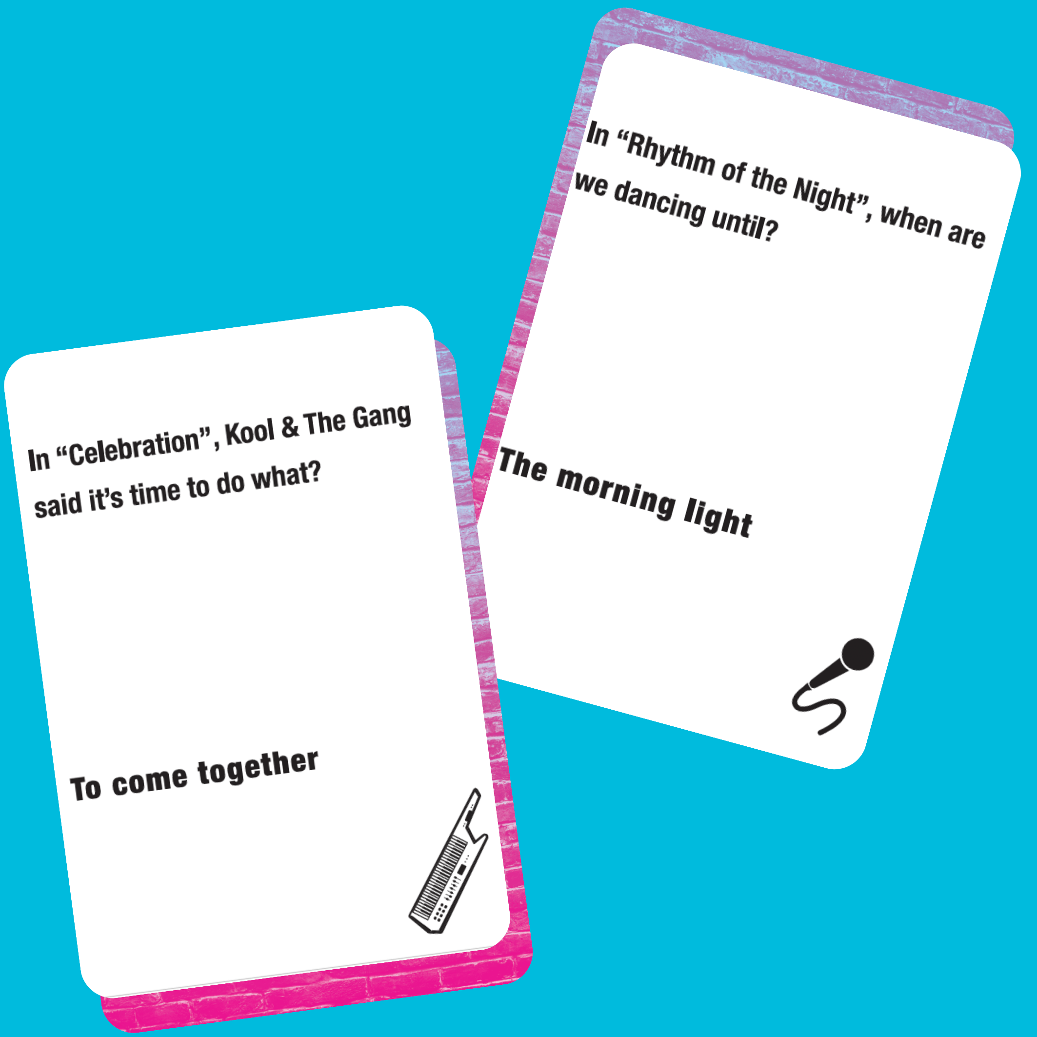 Lyrically Correct 80s music trivia card game featuring vibrant cards with questions about soul music and hip hop