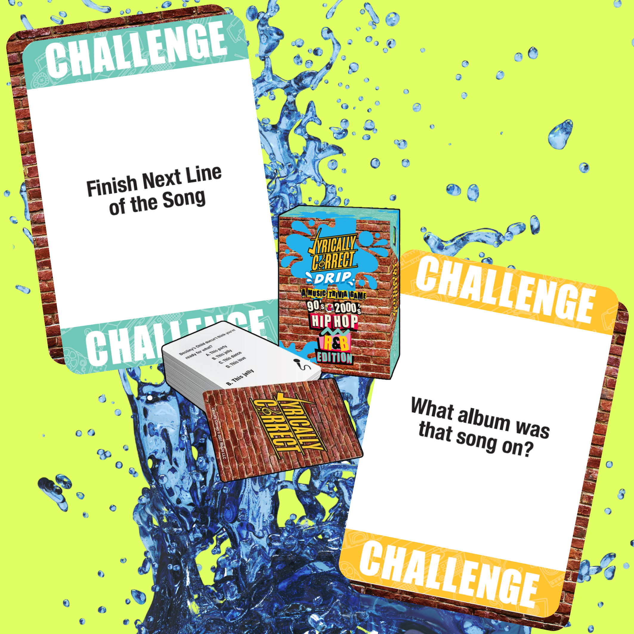Lyrically Correct 90s and 00s music trivia waterproof edition card game with challenge cards and water splash background