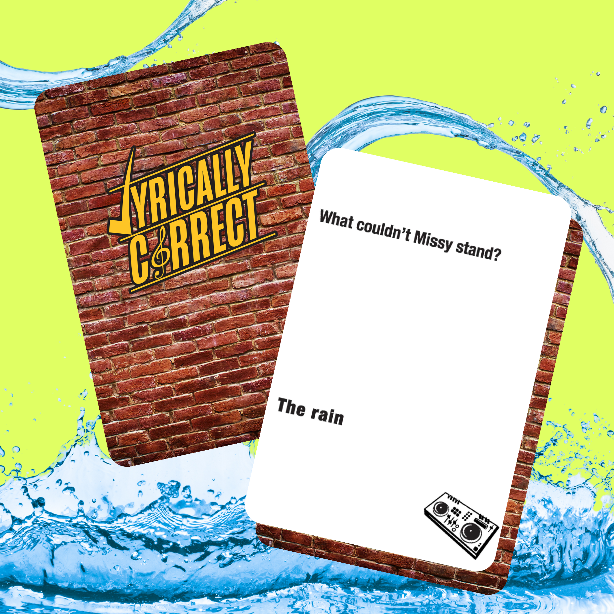 Lyrically Correct 90s and 00s music trivia waterproof edition card game with splash of water background