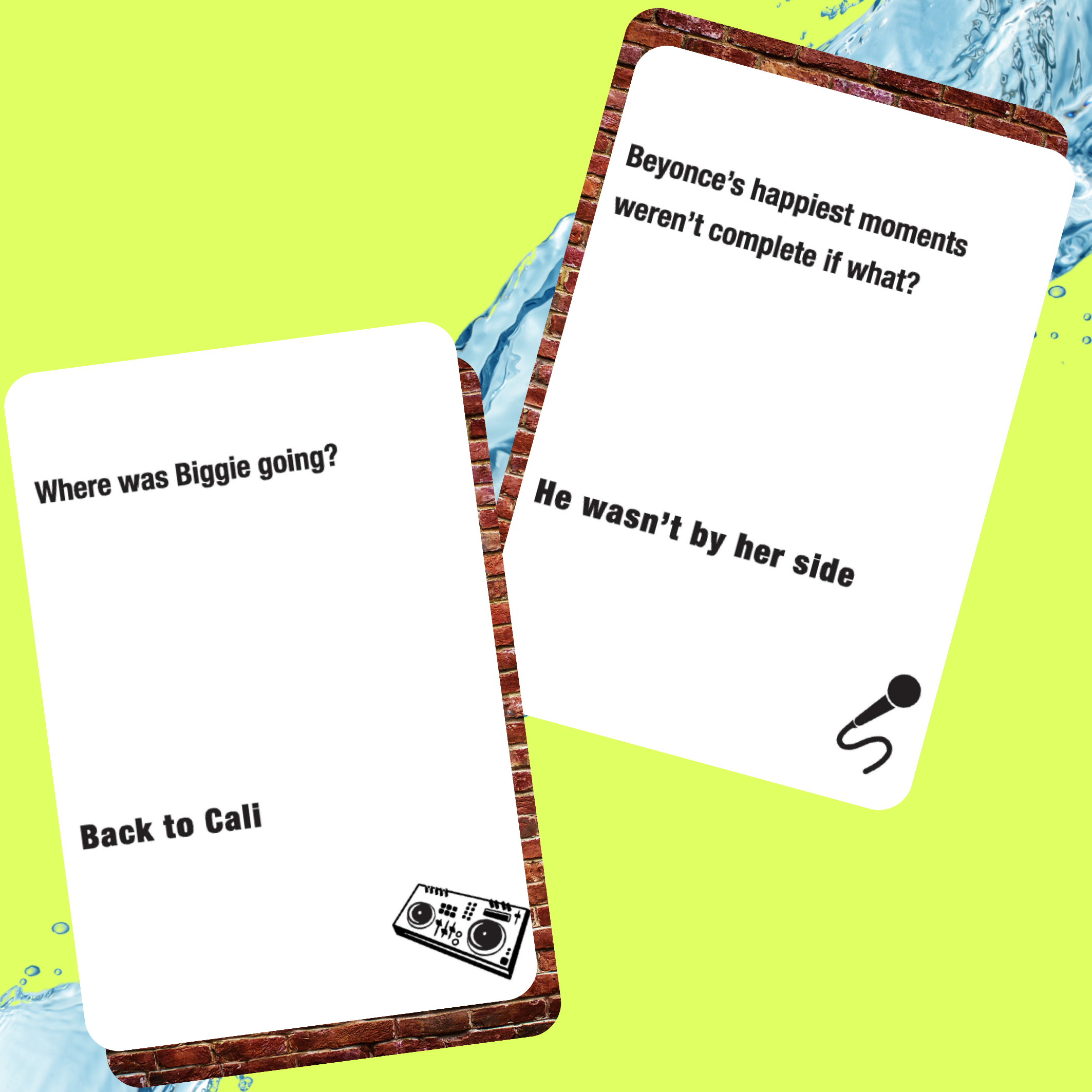 90s and 00s music trivia waterproof edition card game by Lyrically Correct showing trivia question cards on a yellow background with water splash