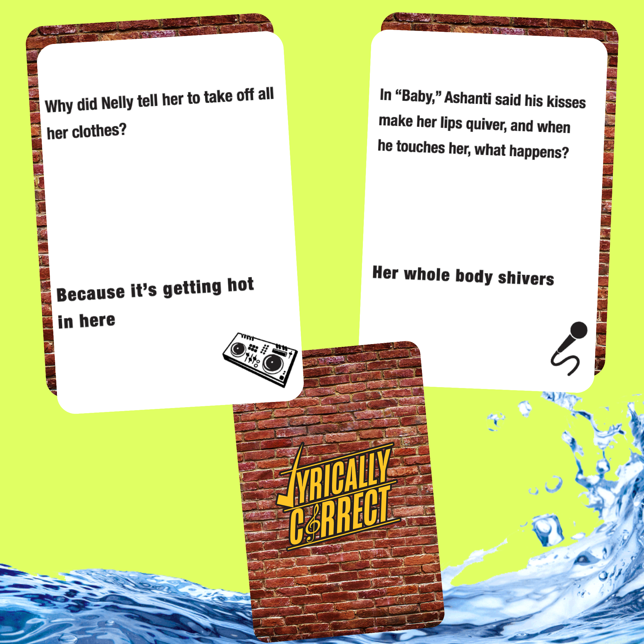 Lyrically Correct 90s and 00s music trivia waterproof edition card game showing trivia question cards with a water splash background