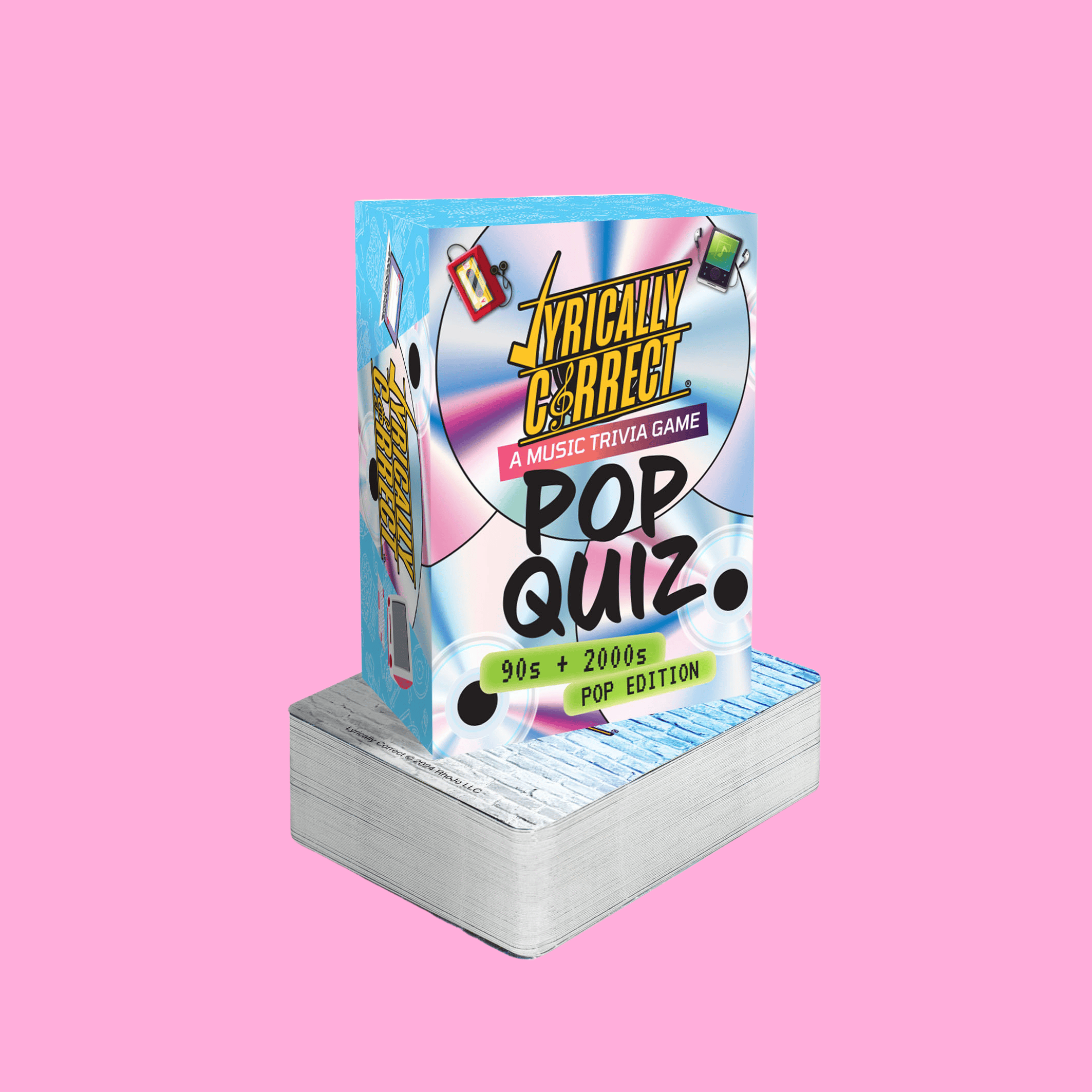 Lyrically Correct Pop Quiz 90s and 2000s music trivia card game with colorful retro design