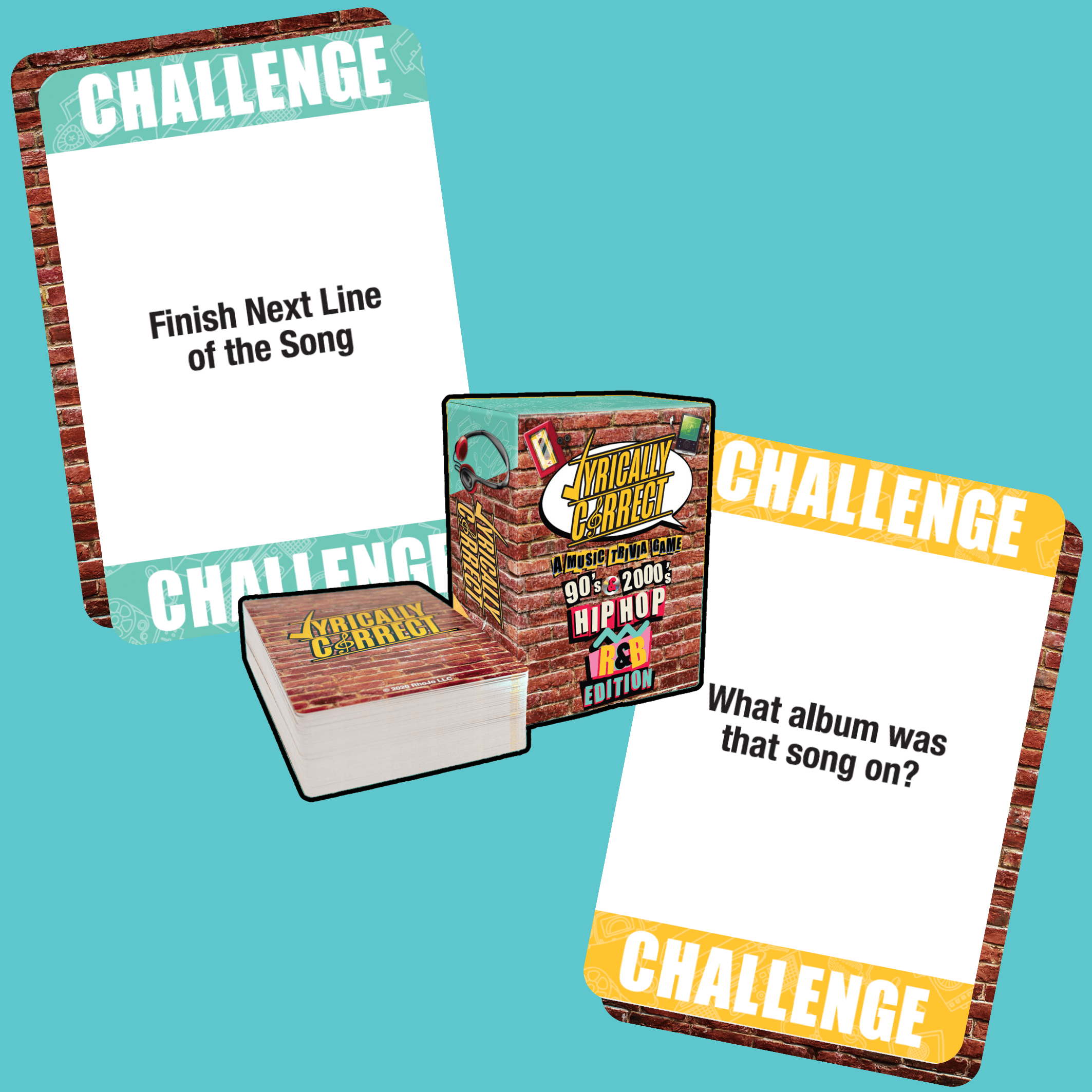 Lyrically Correct hip hop and R&B edition card game with challenge prompts and colorful design