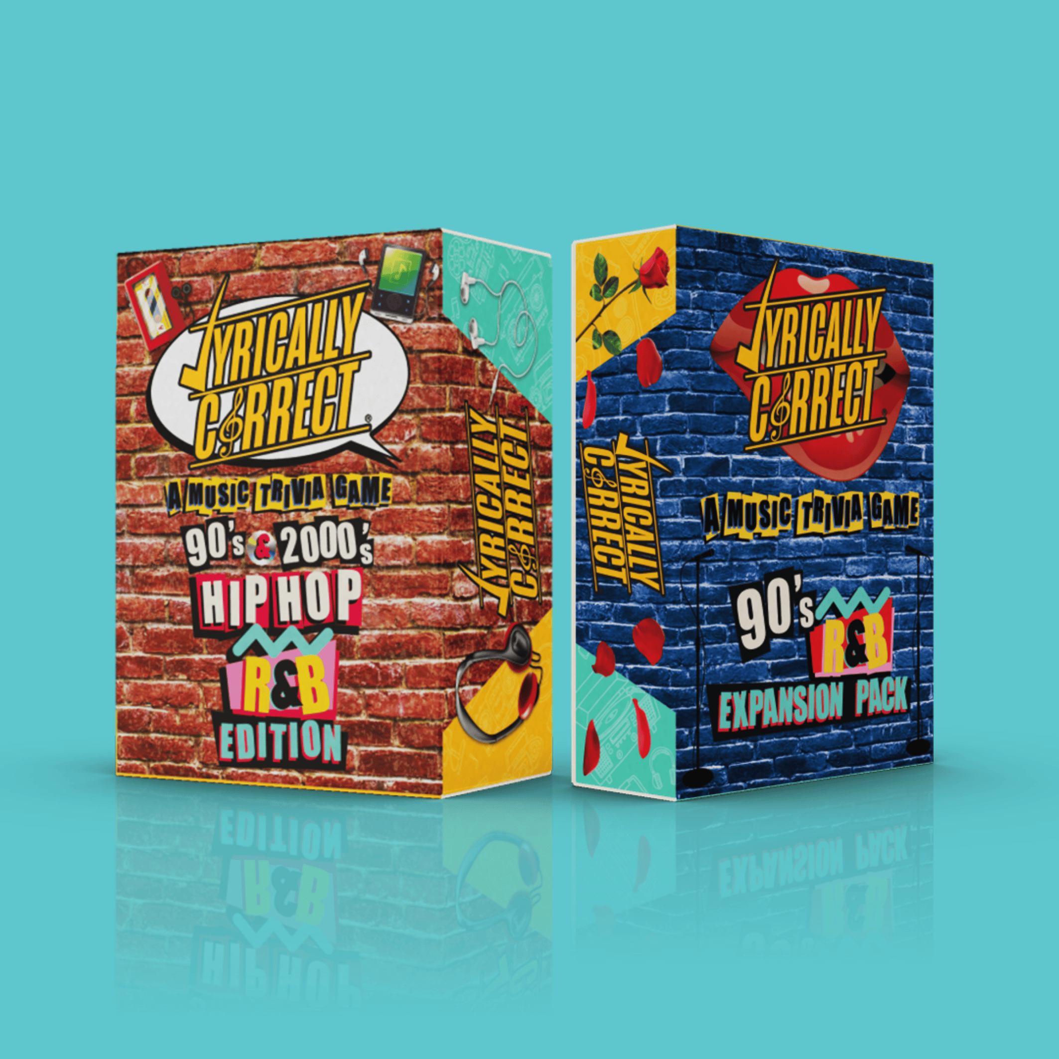 Lyrically Correct hip hop and R&B edition card game boxes featuring 90s and 2000s music trivia
