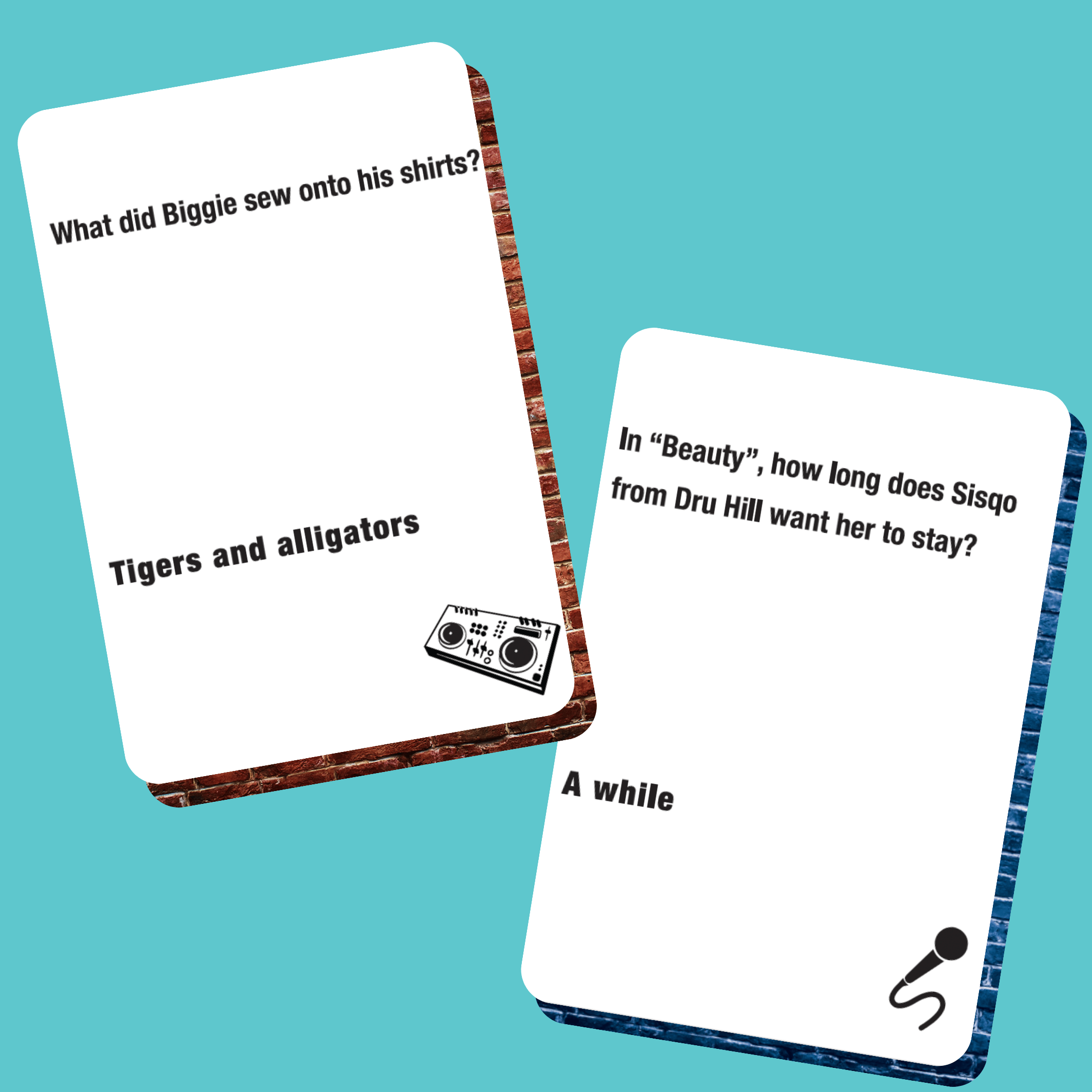 Lyrically Correct hip hop and R&B edition card game featuring trivia questions related to music songs