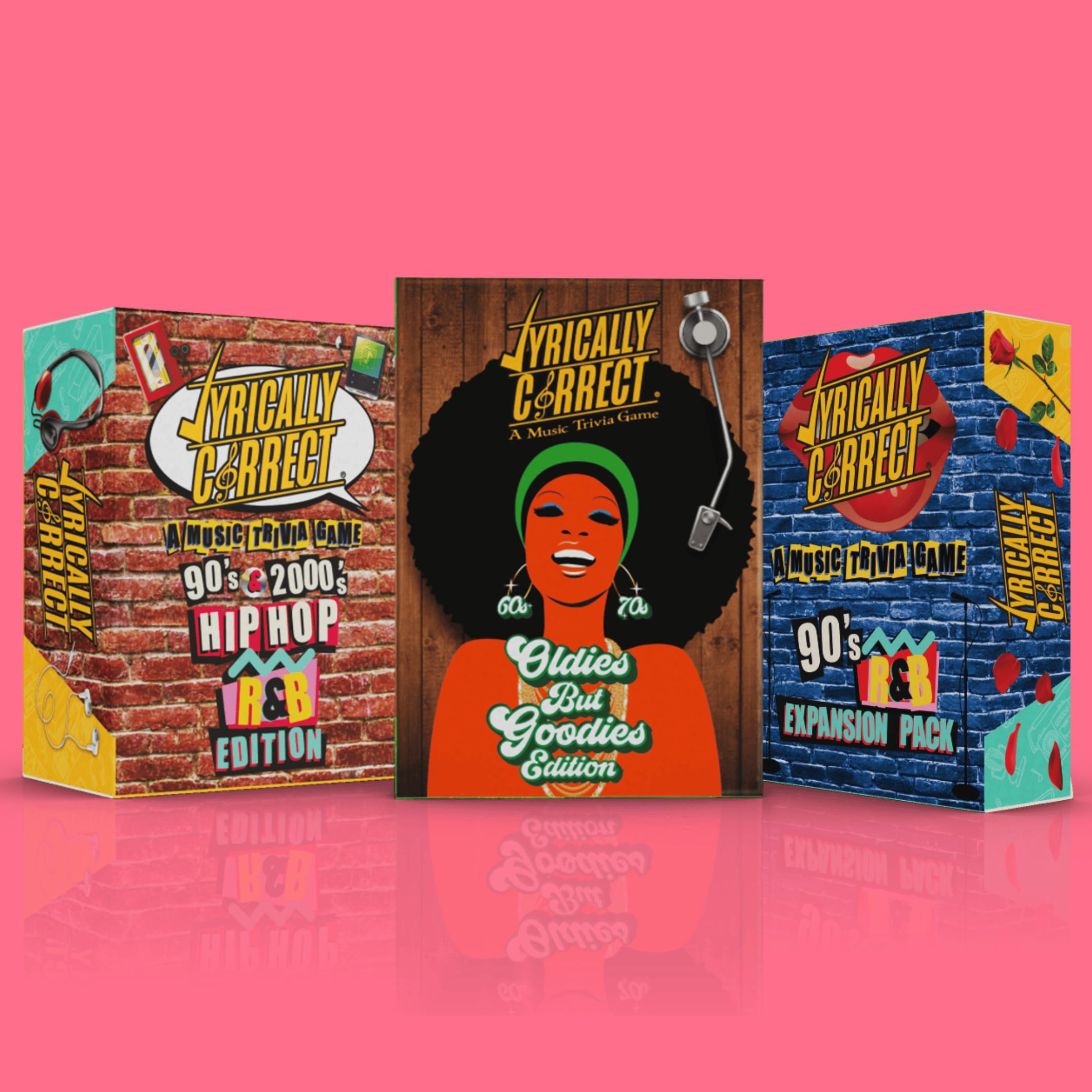Lyrically Correct music lyric trivia game featuring three themed boxes for different music eras