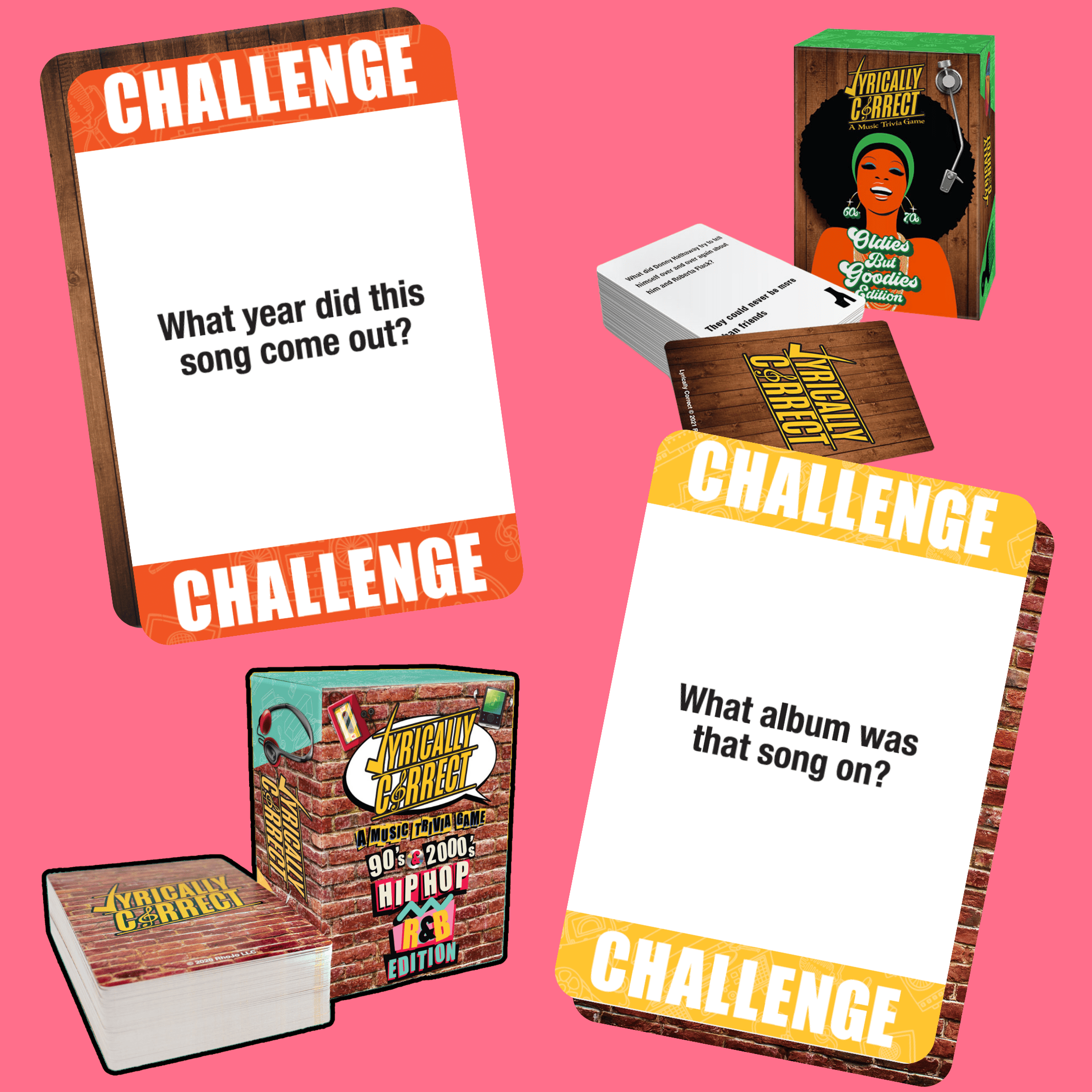 Lyrically Correct music lyric trivia game with challenge cards and question prompts for fun gatherings
