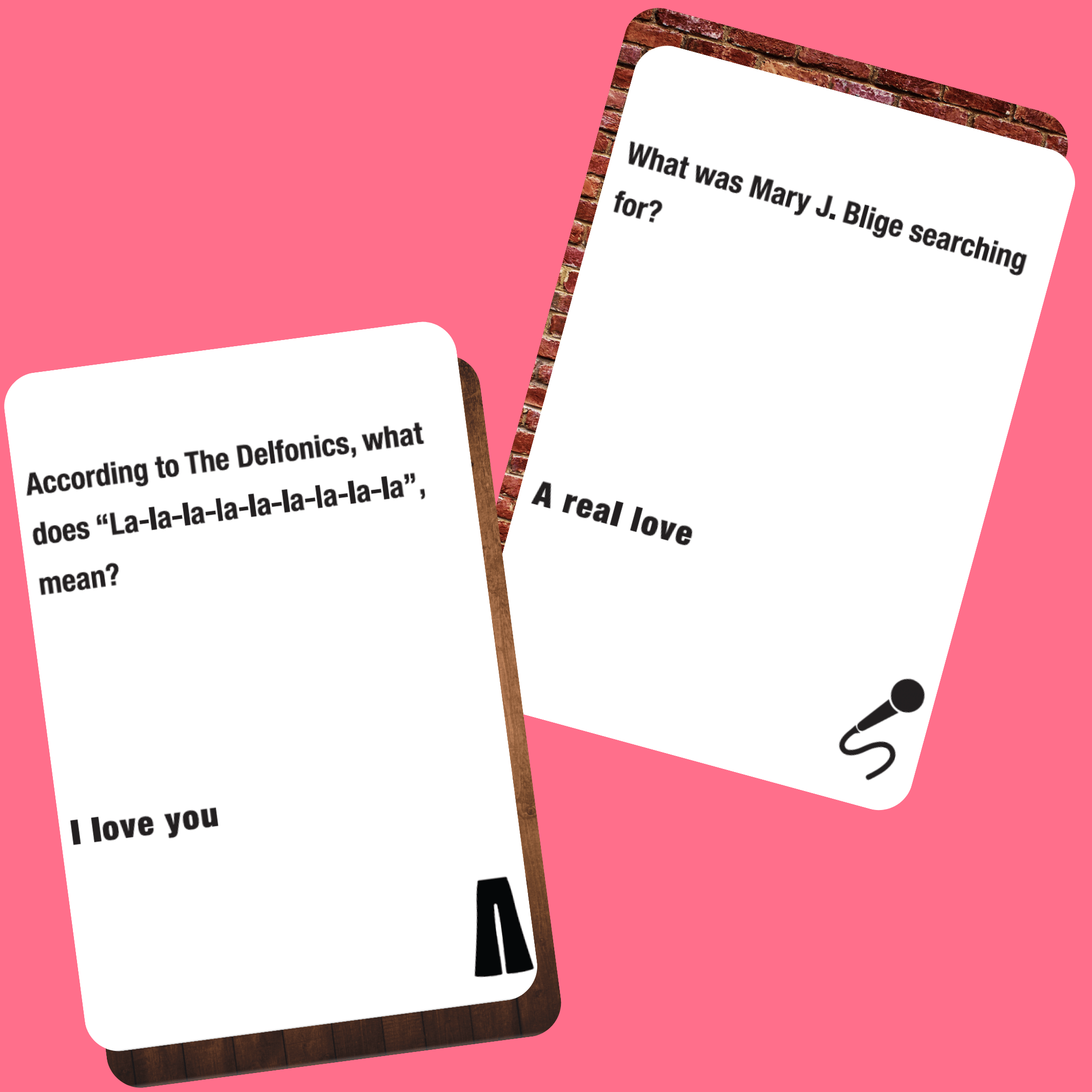 Lyrically Correct music lyric trivia game cards featuring questions about songs and artists