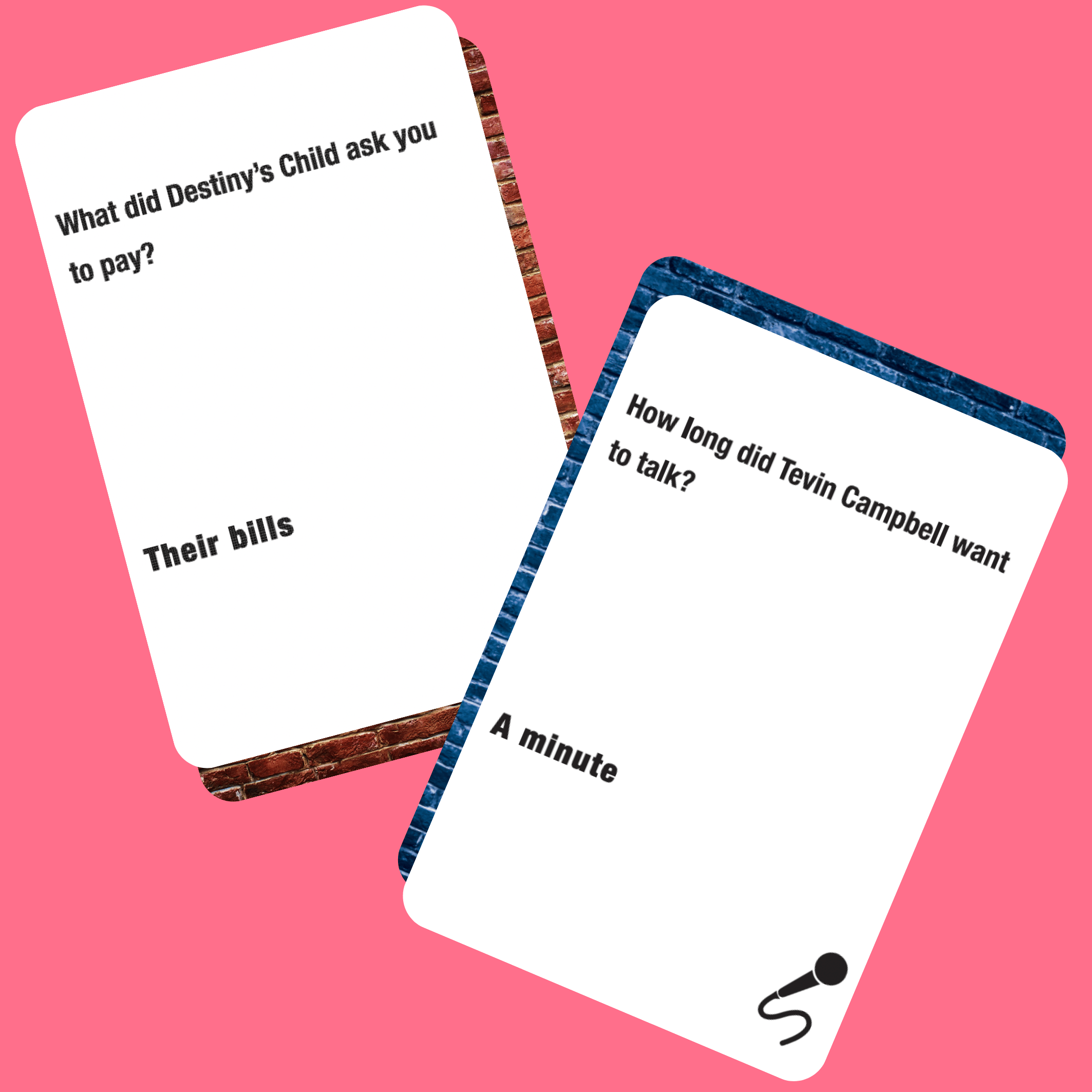 Lyrically Correct music lyric trivia game cards featuring questions about popular songs