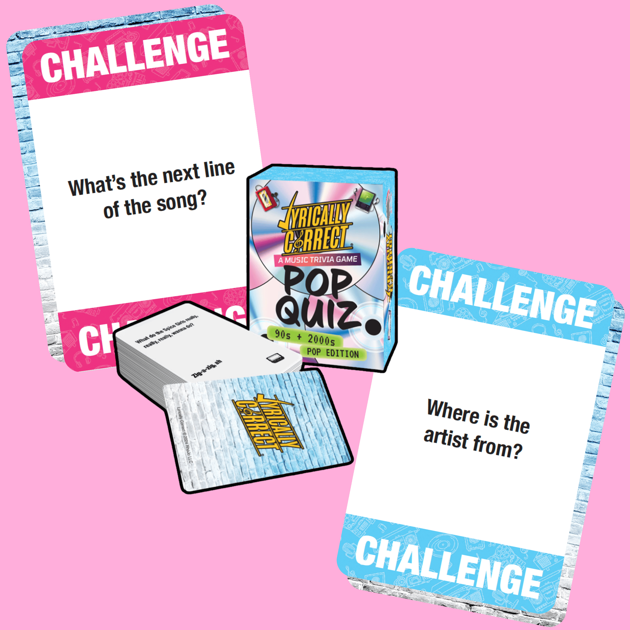 Lyrically Correct Pop Quiz card game with challenge cards asking music trivia questions from the 90s and 2000s