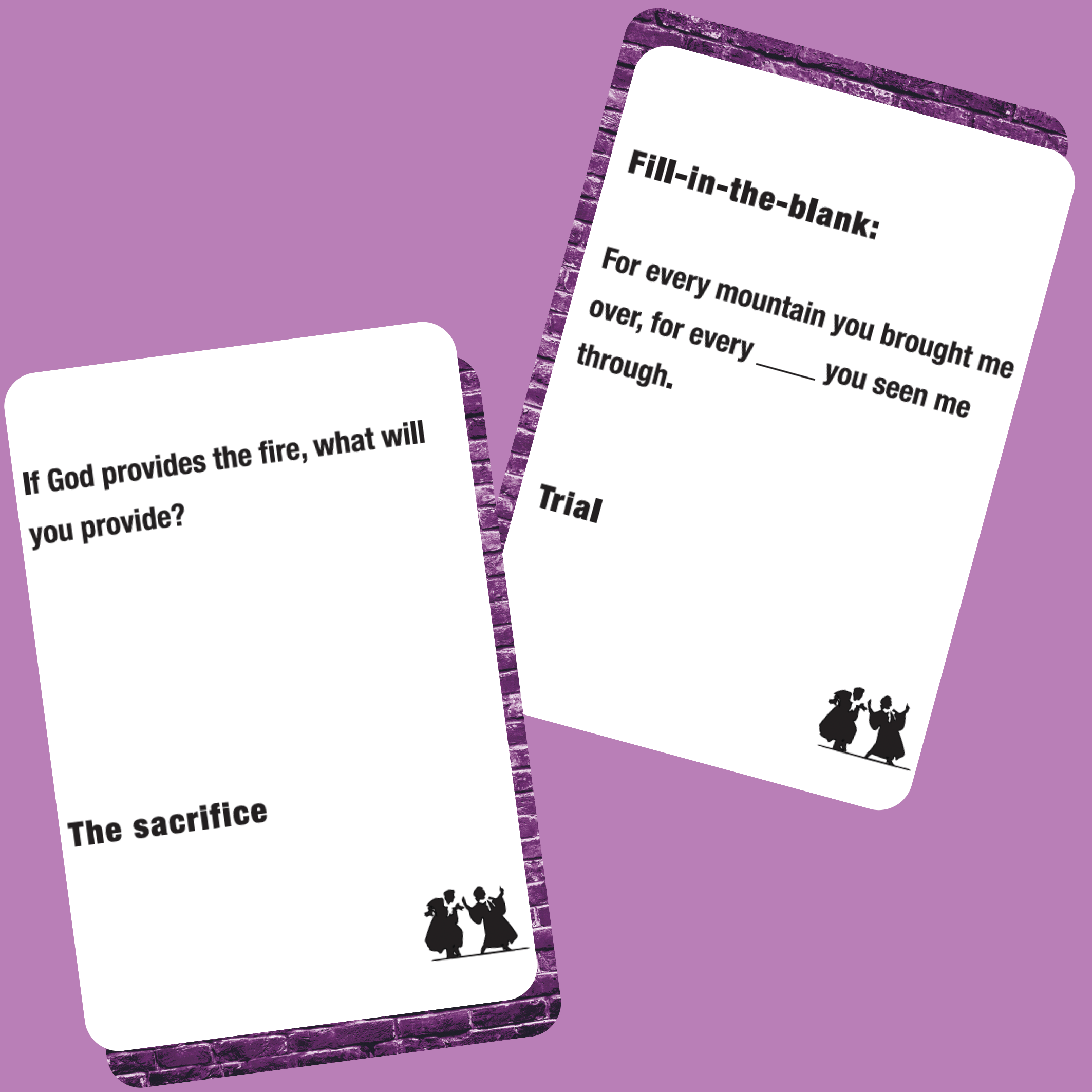 Lyrically Correct card game showing fill-in-the-blank and question cards with scripture-themed prompts