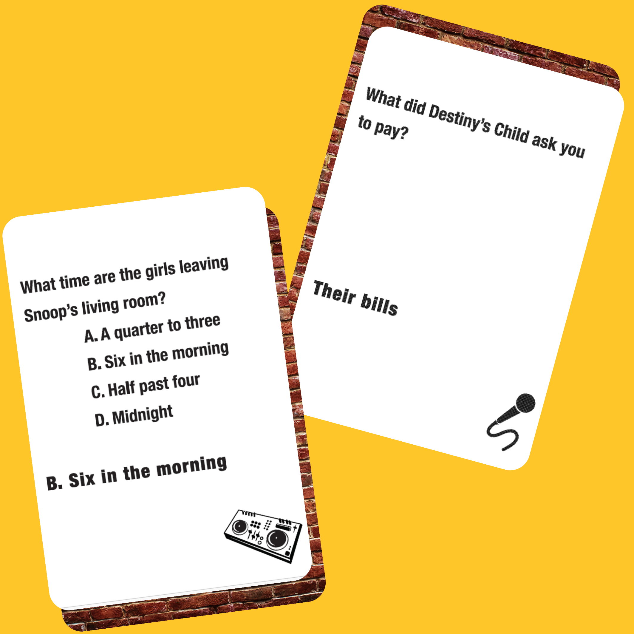 Lyrically Correct card game with trivia questions about song lyrics on yellow background