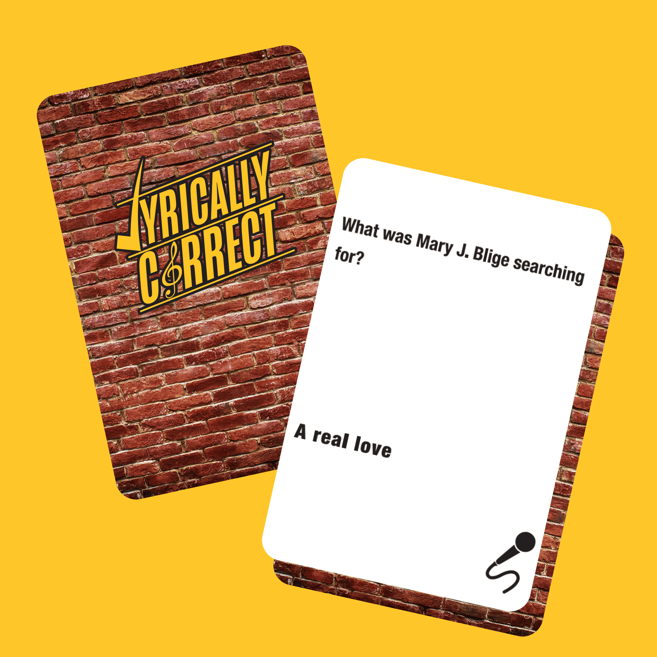 Lyrically Correct card game showing brick wall logo card and question card about Mary J. Blige with microphone icon