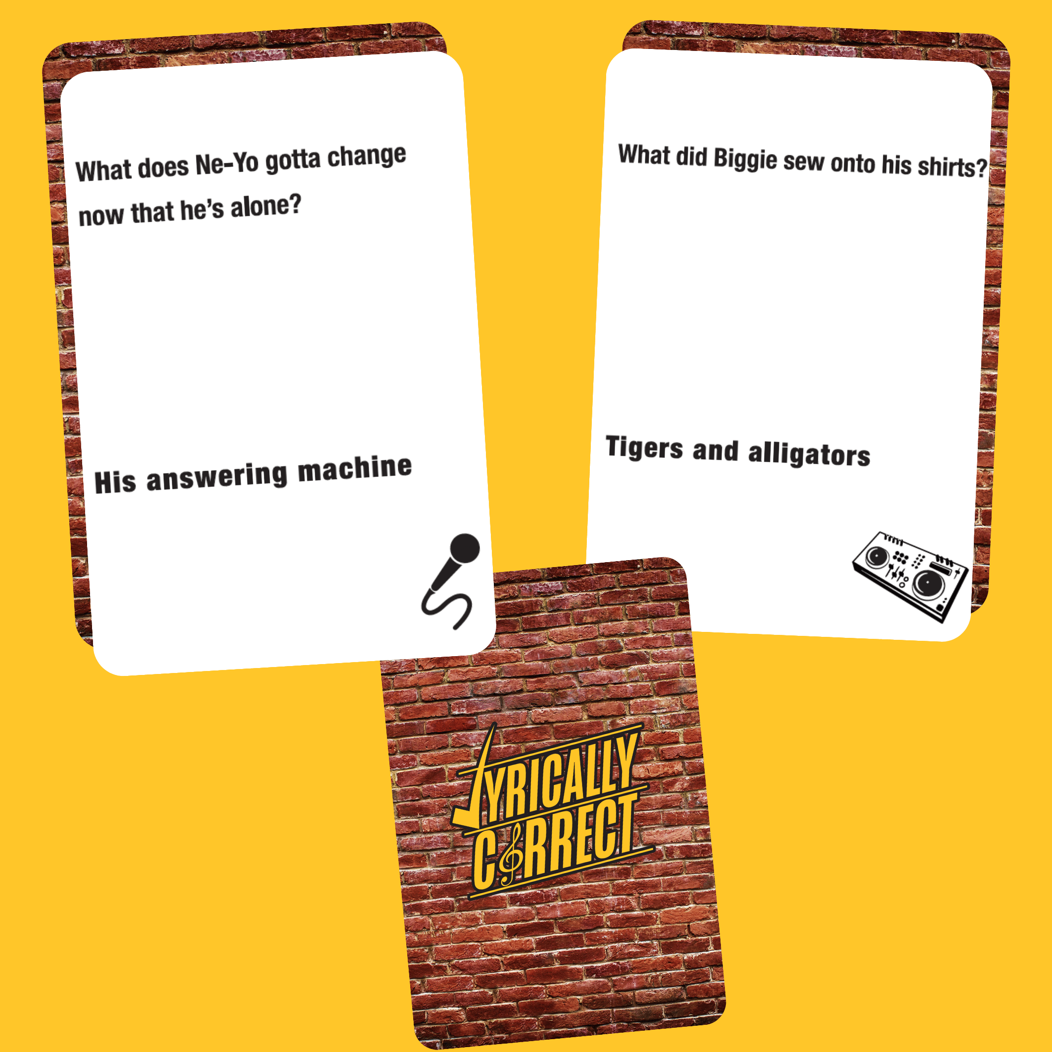 Lyrically Correct card game featuring music trivia questions and answers on white cards with brick background