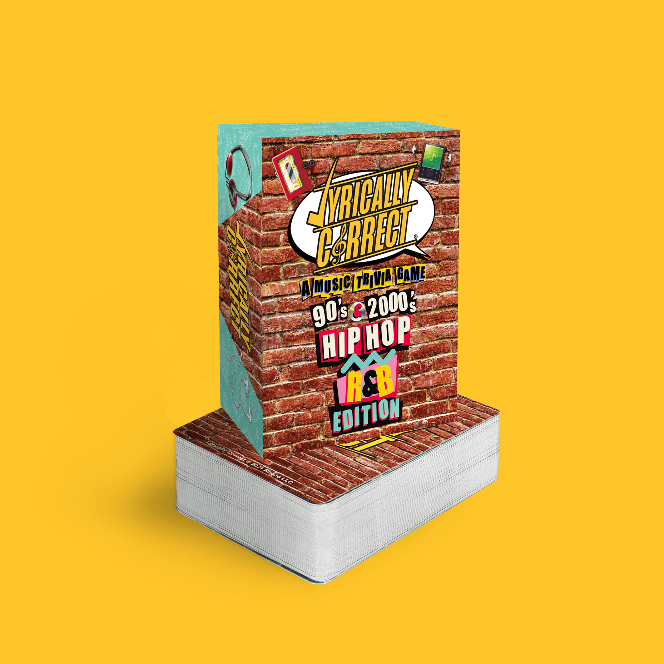 Lyrically Correct 90s and 2000s Hip Hop and R and B Edition music trivia card game with brick wall design