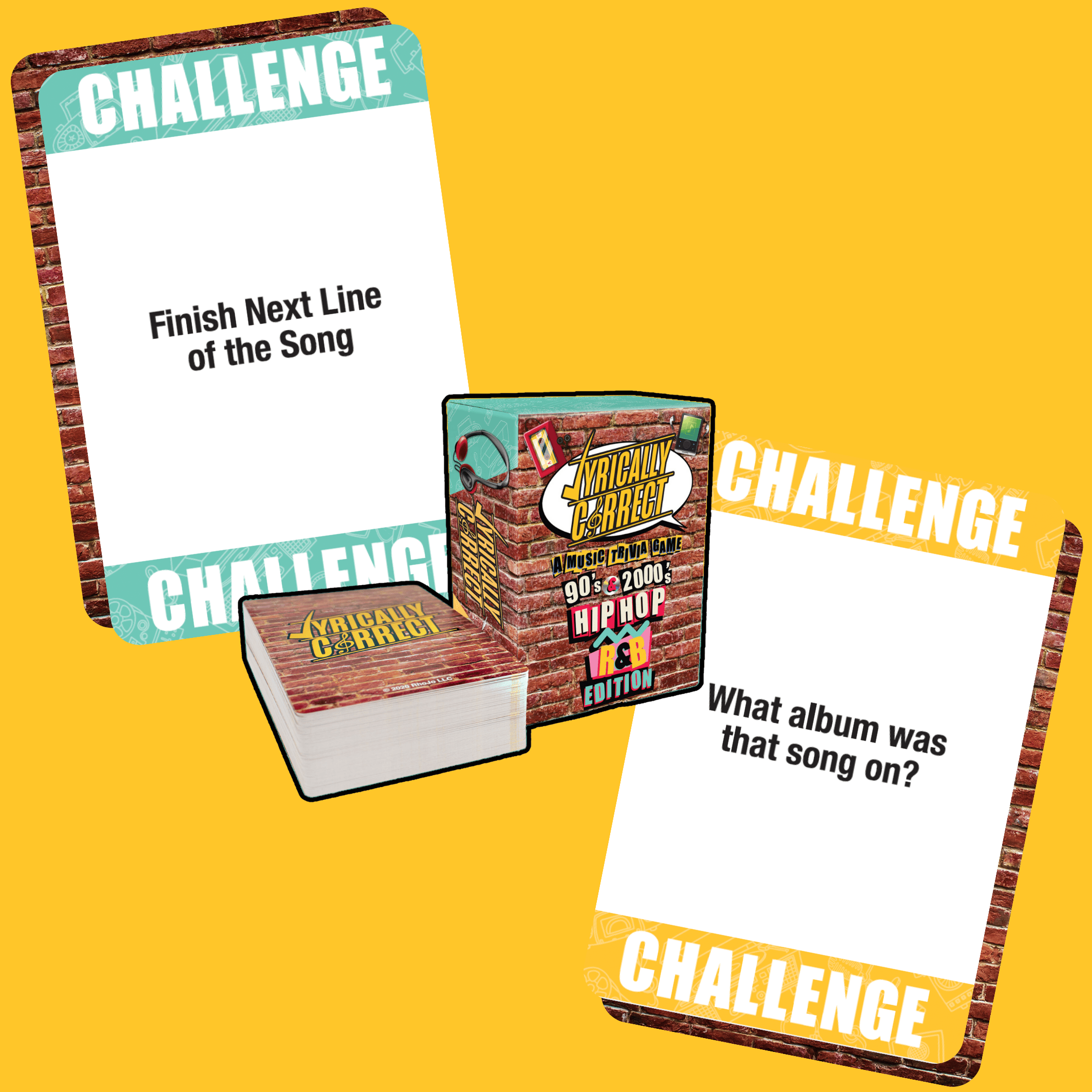 Lyrically Correct 90s and 2000s Hip Hop R and 0B Edition card game with challenge cards asking song-related questions